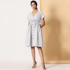 Cloudy Grey Warm Cotton Flannel Knee Length Frilled Dress