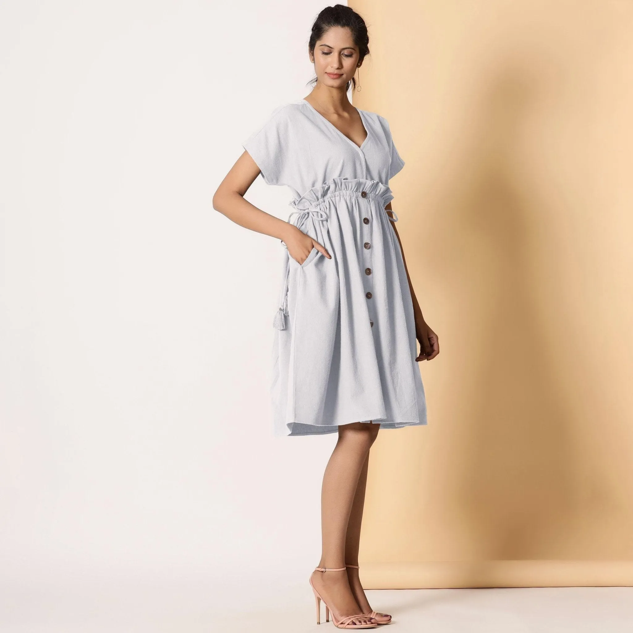 Cloudy Grey Warm Cotton Flannel Knee Length Frilled Dress