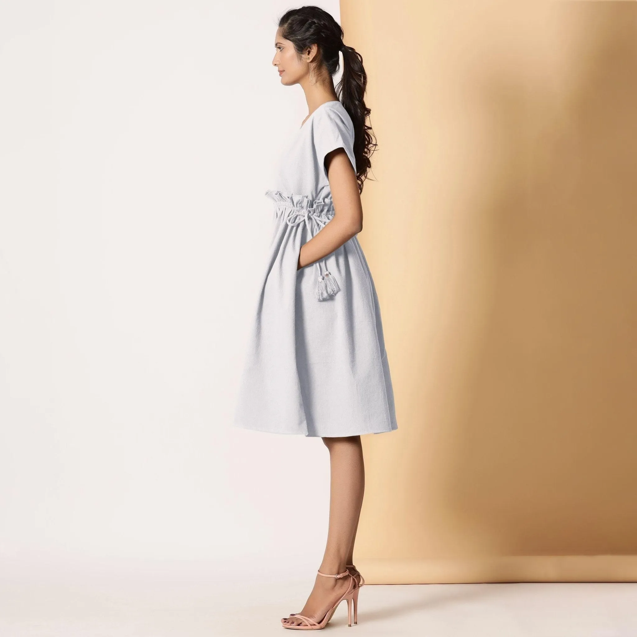 Cloudy Grey Warm Cotton Flannel Knee Length Frilled Dress