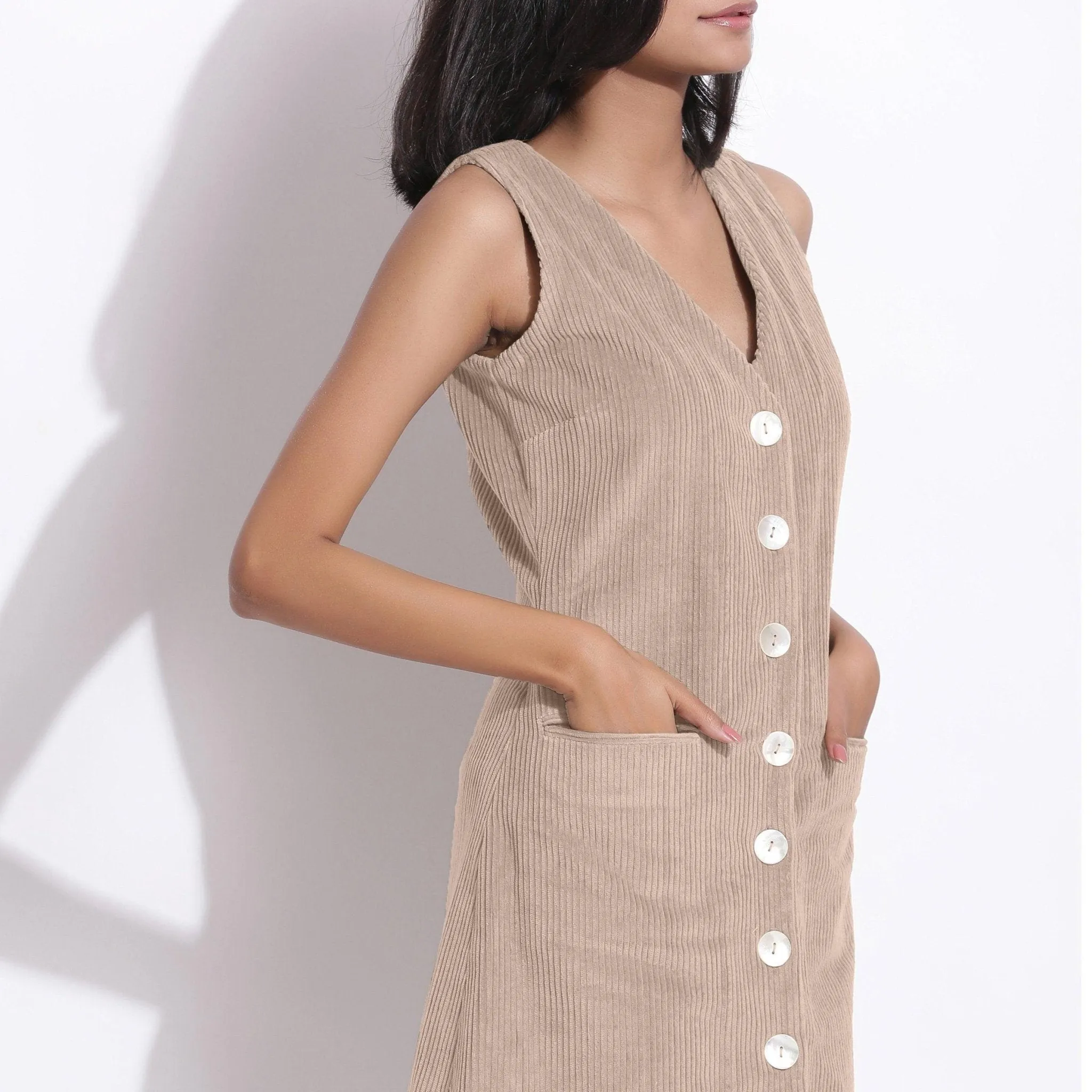 Dusk Beige Warm Cotton Corduroy Button-Down Short Dress