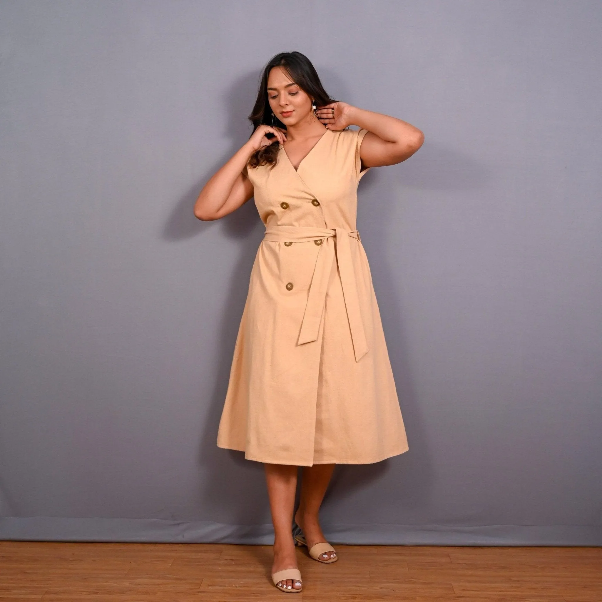 Dusk Beige Warm Cotton Flannel Button-Down A-Line Midi Dress