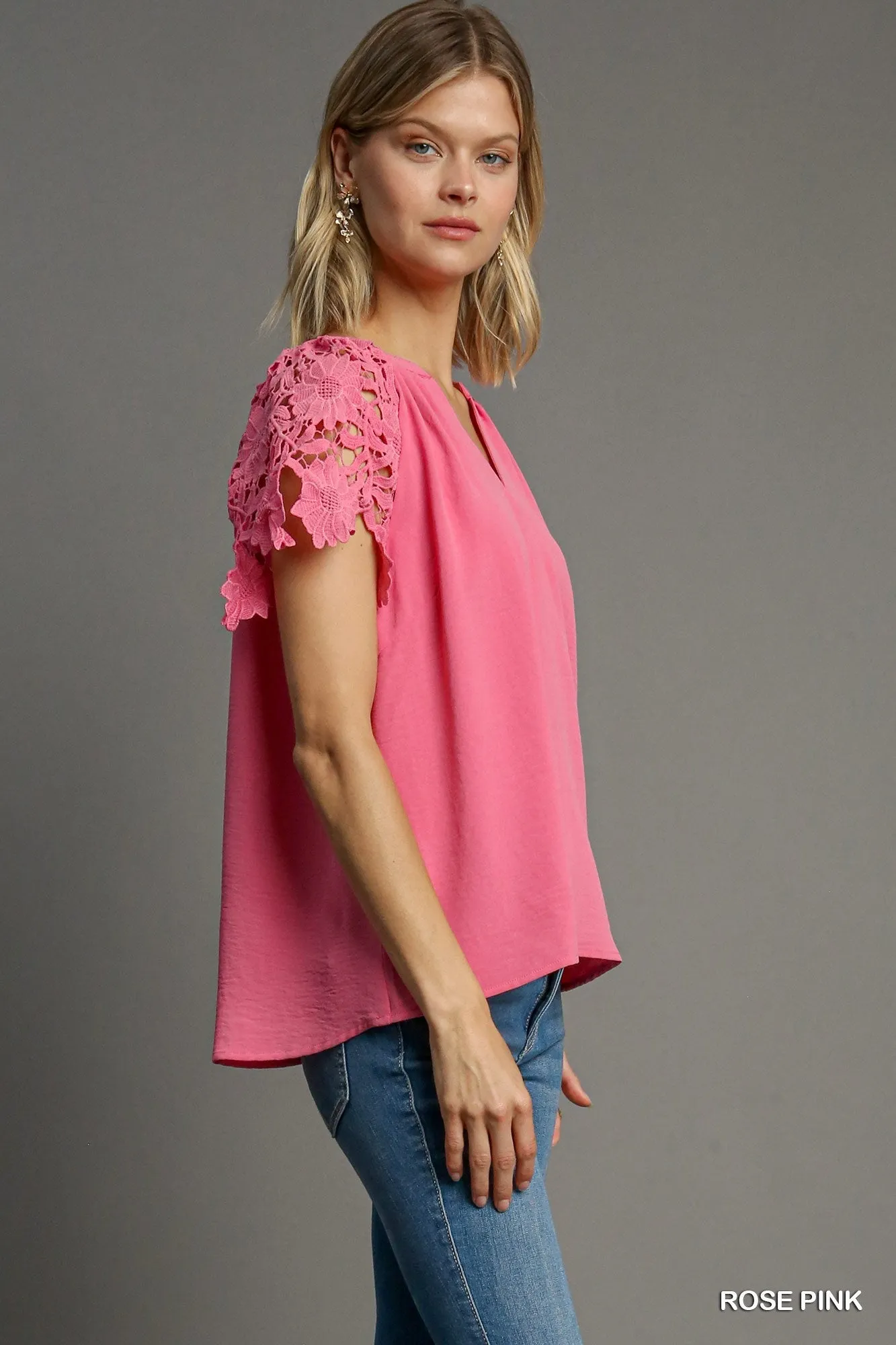 Floral Lace Sleeve Top - Rose Pink