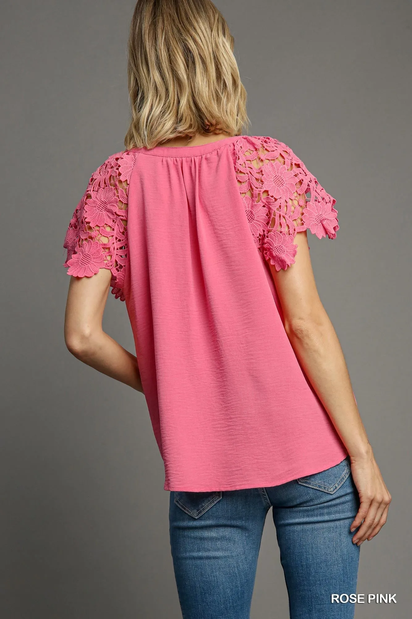 Floral Lace Sleeve Top - Rose Pink