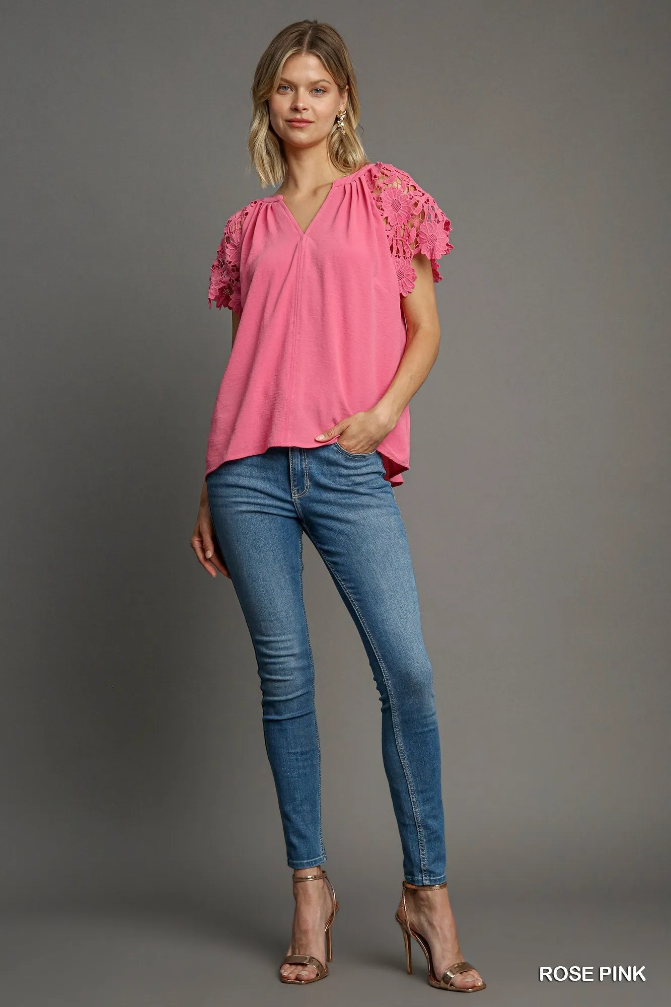 Floral Lace Sleeve Top - Rose Pink