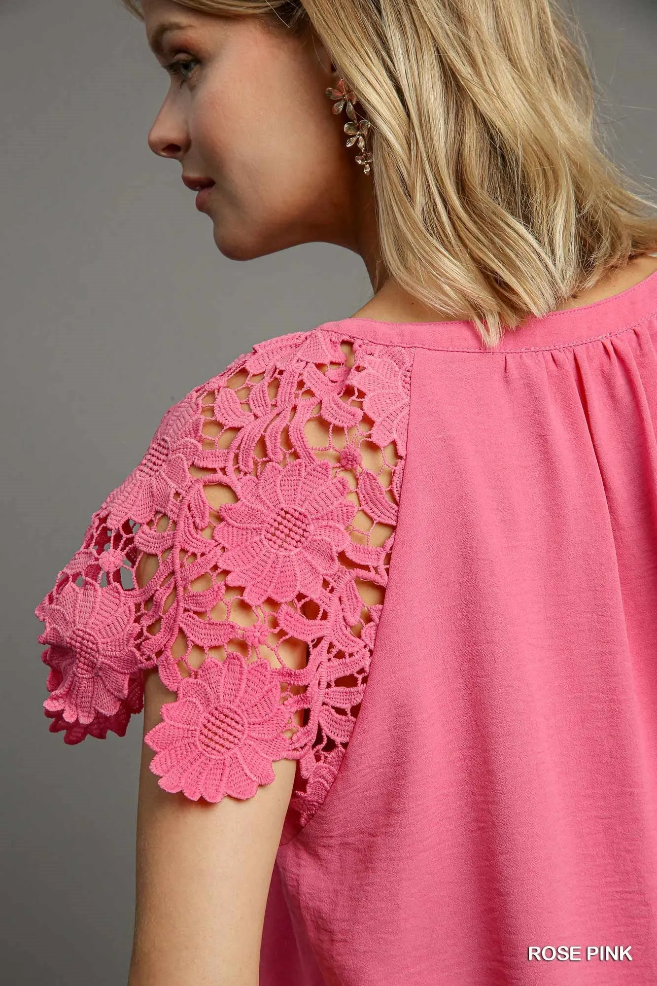 Floral Lace Sleeve Top - Rose Pink