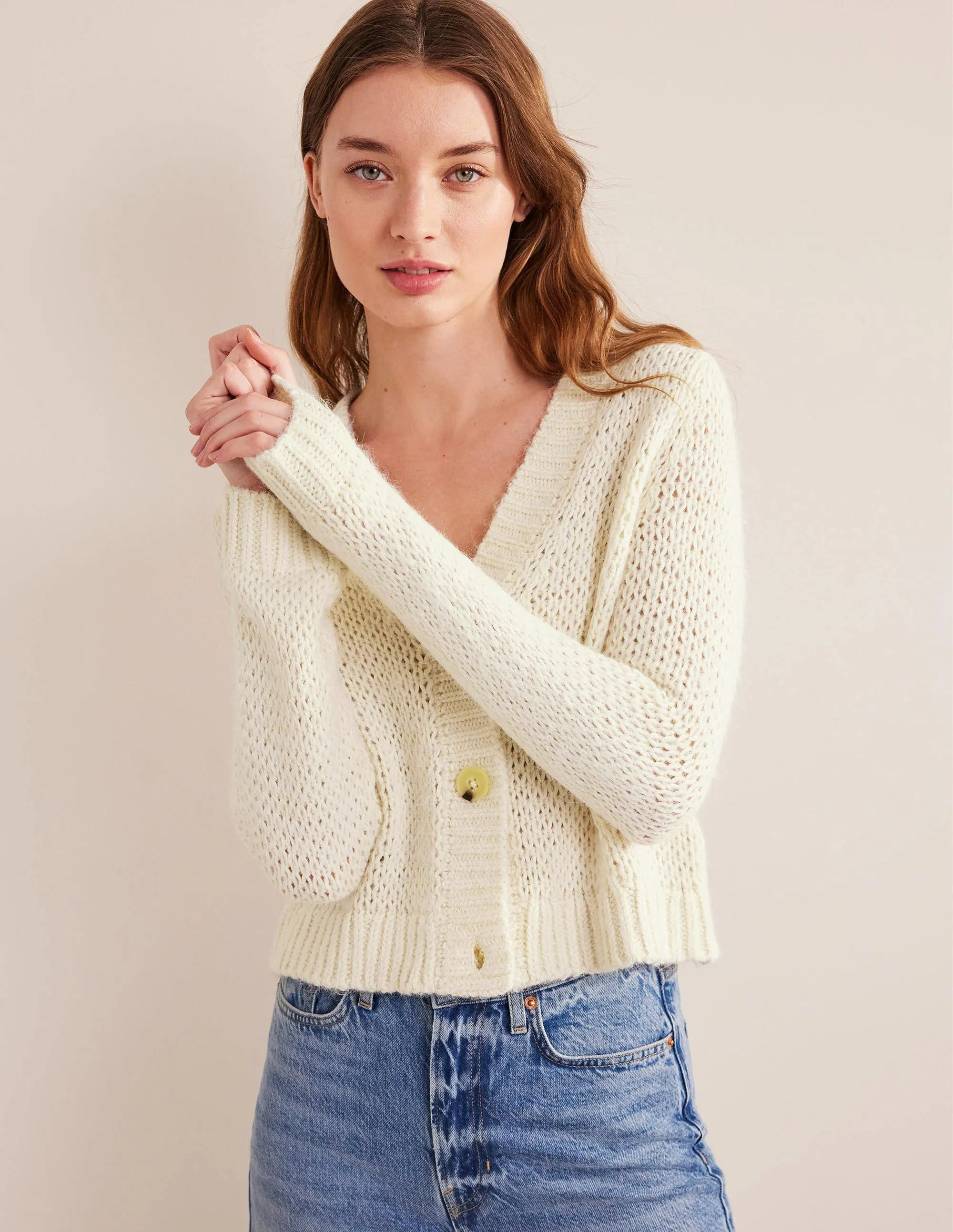 Fluffy Open Stitch Cardigan-Warm Ivory