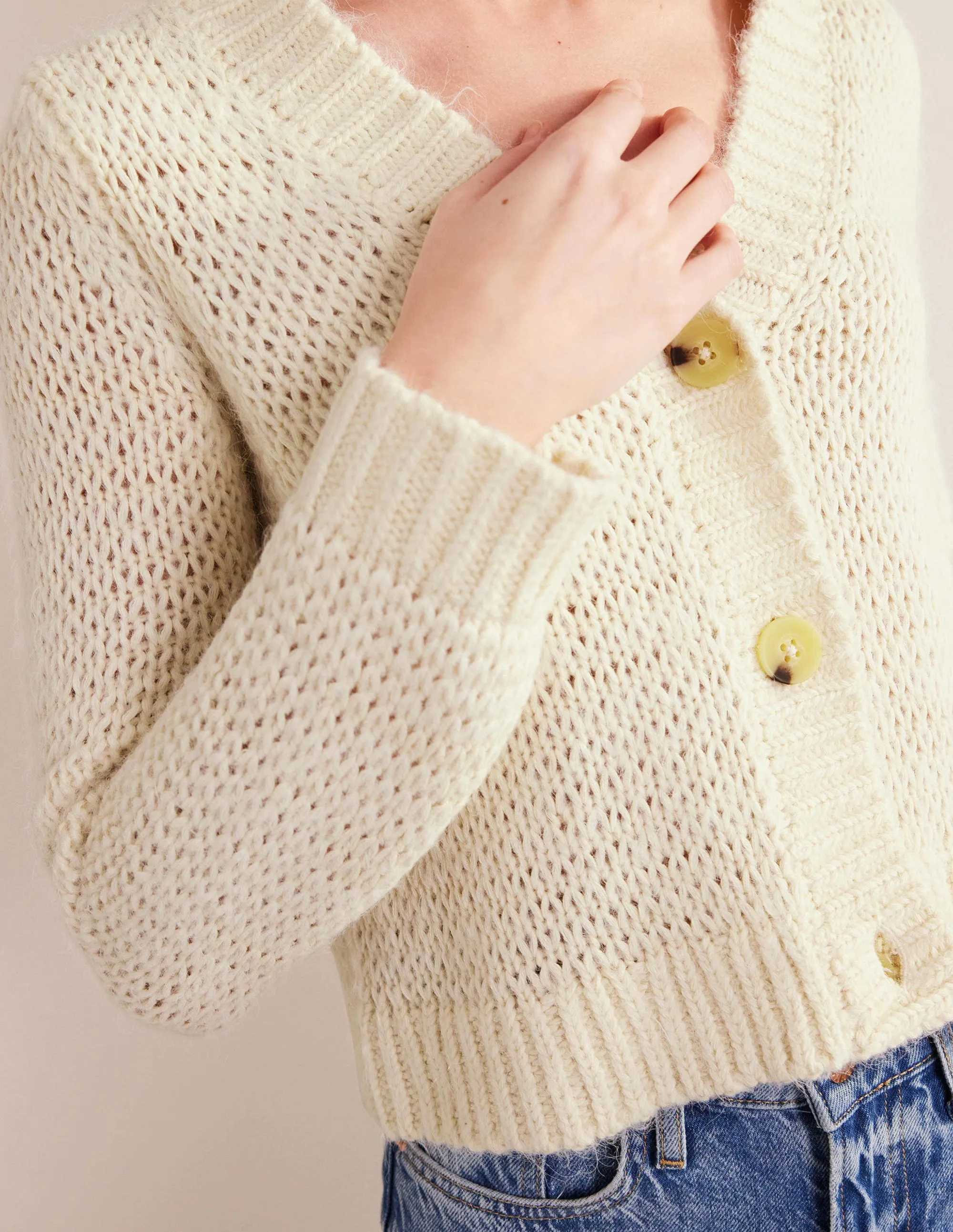 Fluffy Open Stitch Cardigan-Warm Ivory