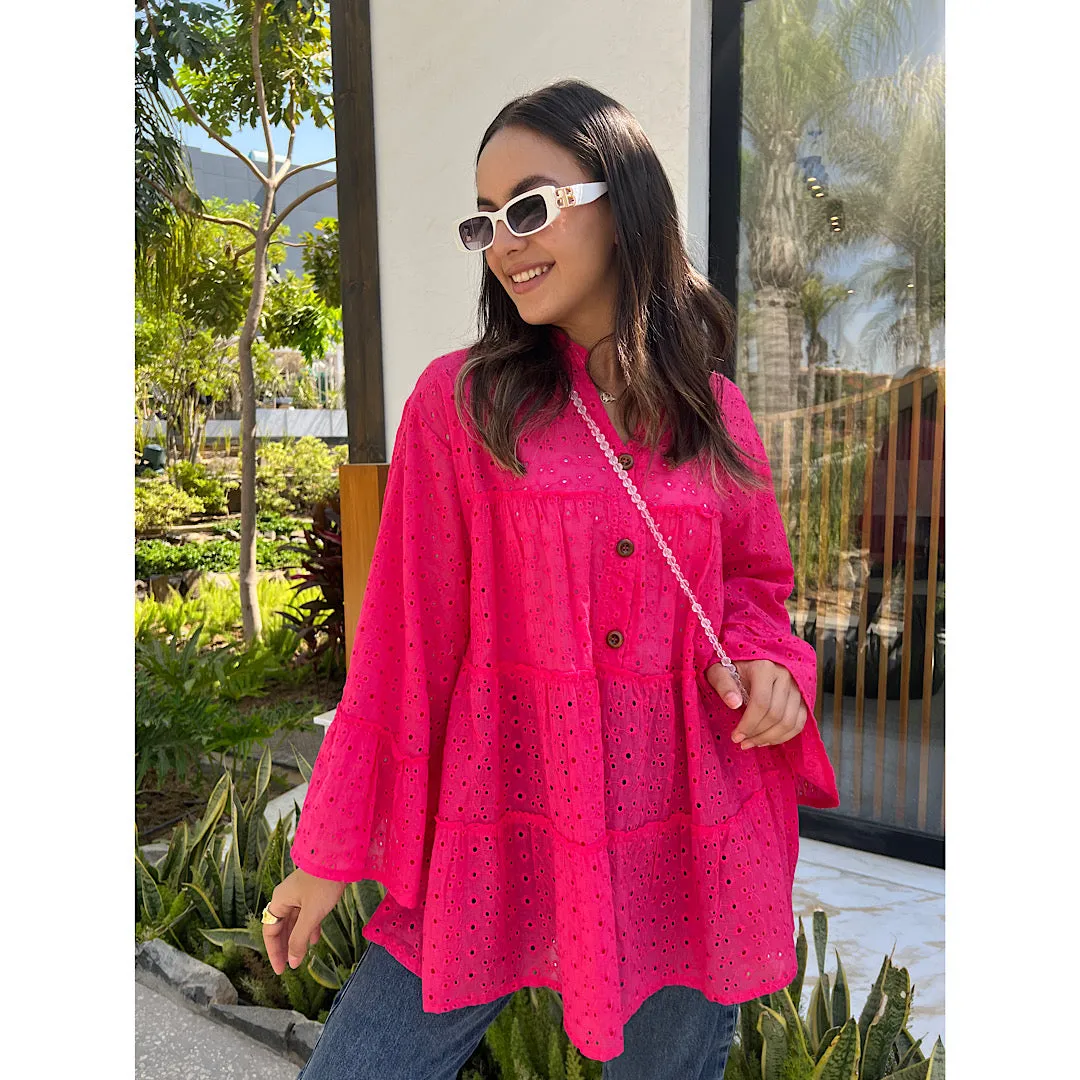 Fushia cutwork tiered blouse