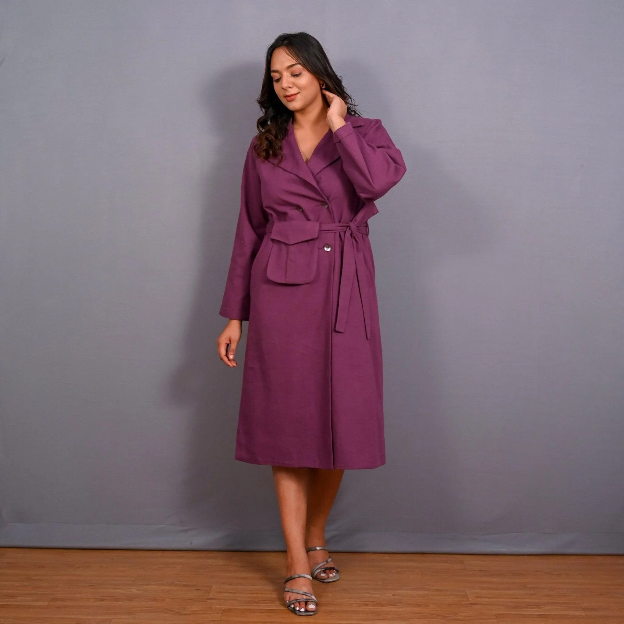 Grape Wine Warm Cotton Flannel Midi Blazer Dress