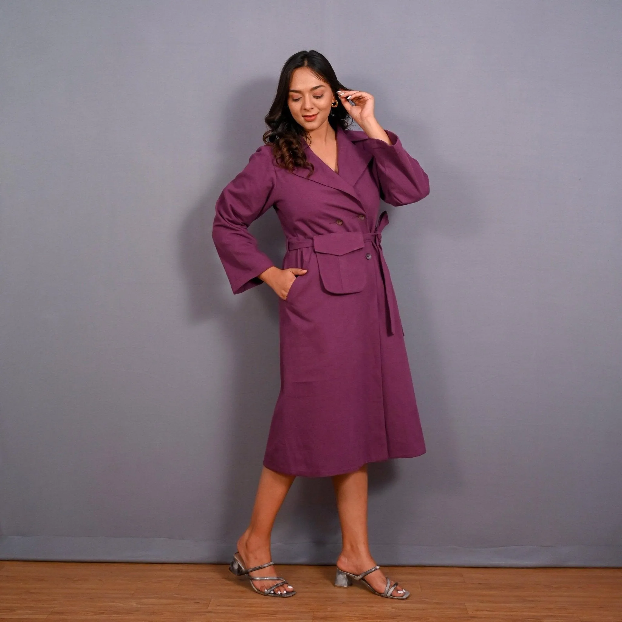 Grape Wine Warm Cotton Flannel Midi Blazer Dress