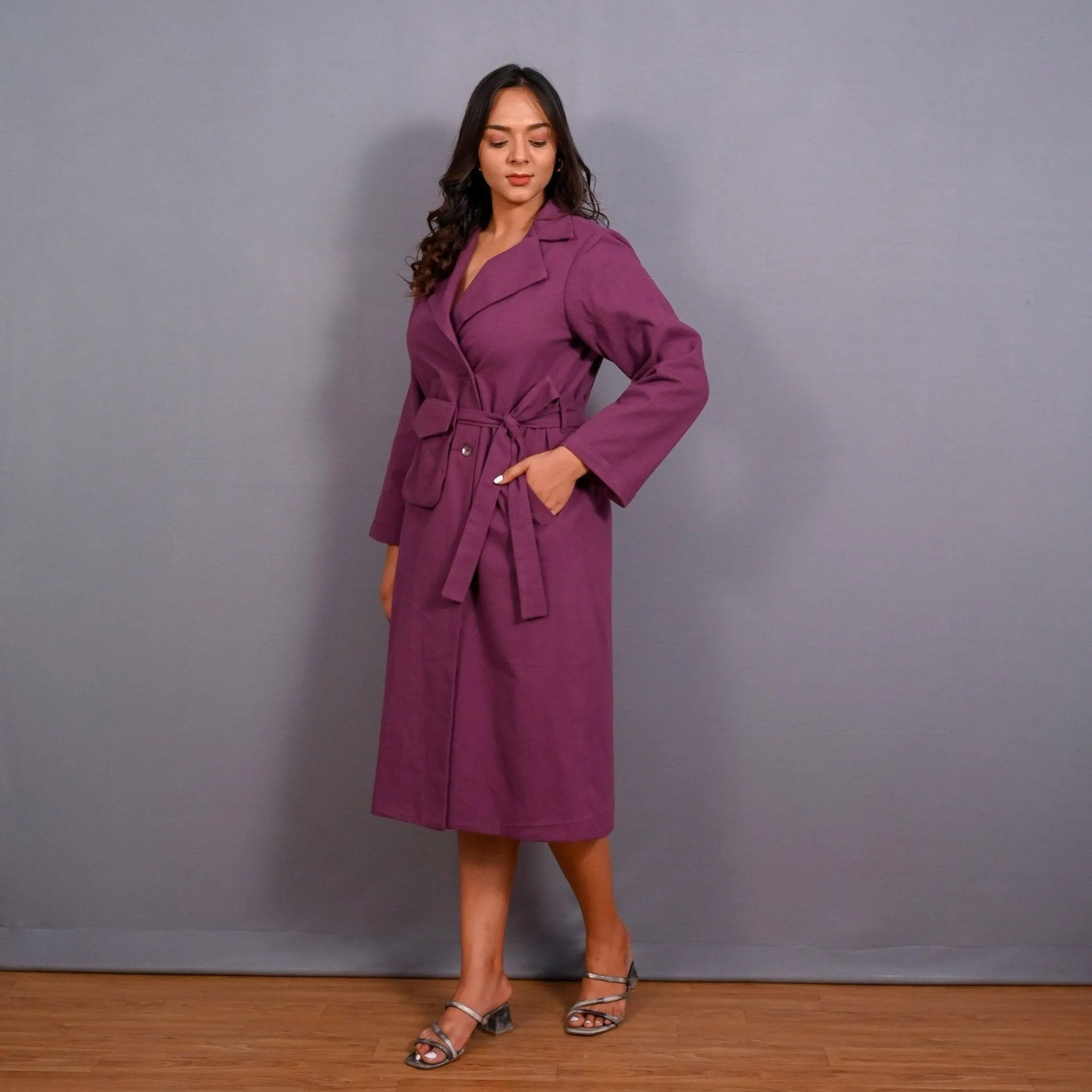 Grape Wine Warm Cotton Flannel Midi Blazer Dress