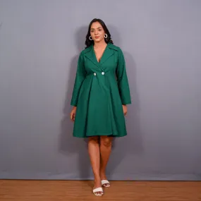 Green Warm Cotton Flannel Fit and Flare Knee Length Blazer Dress