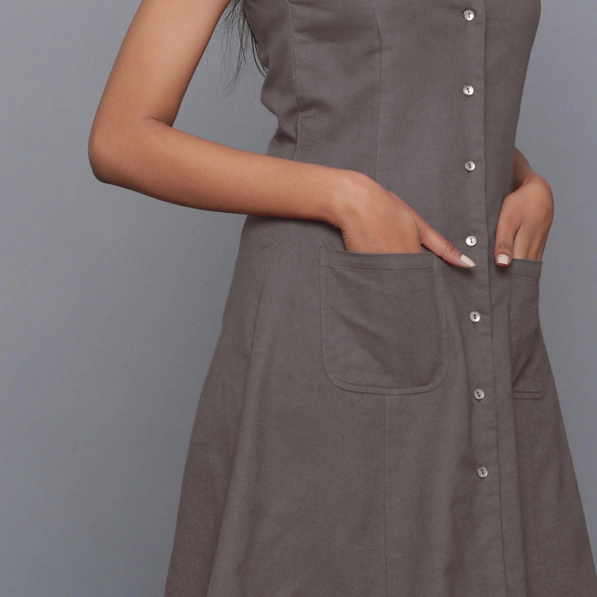 Grey Warm Cotton Flannel Princess Line Short Dress