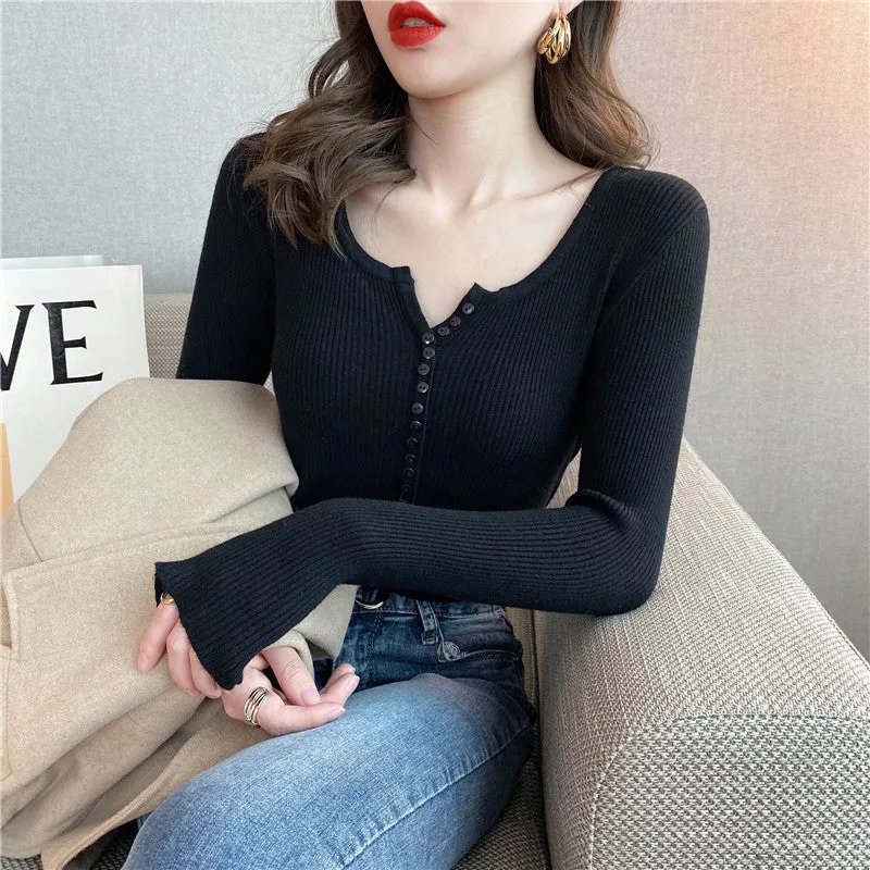 Korean Chic All-Matching V-Neck Long Sleeved Slimming Slim-Look Stretchable Tops Women Sweater