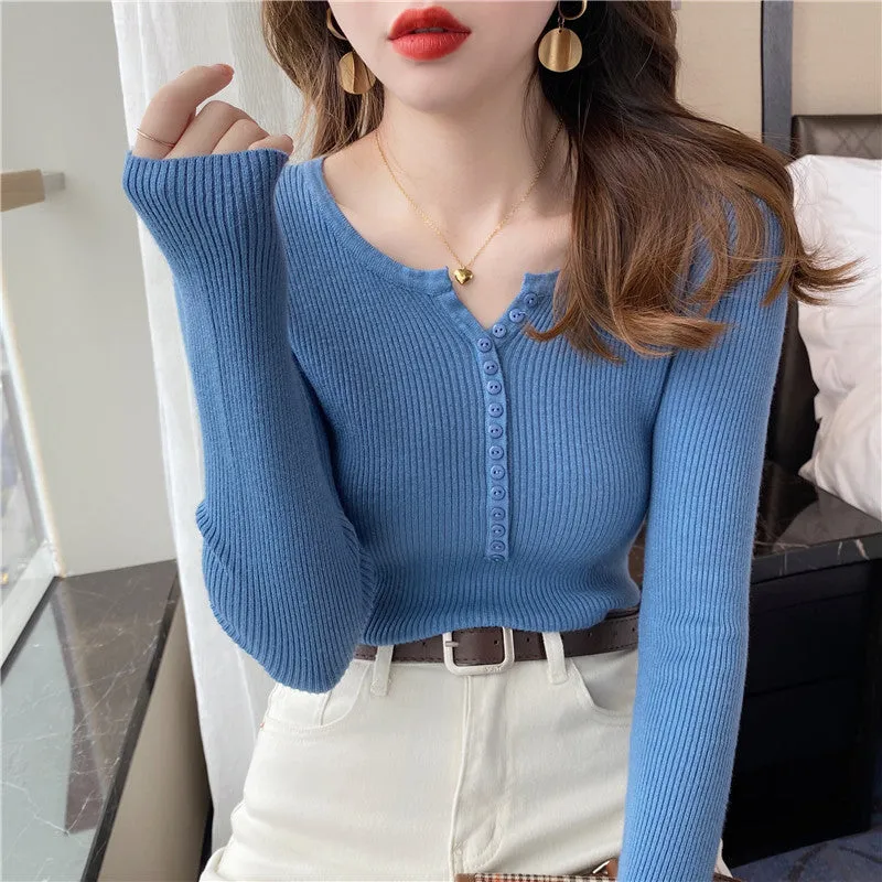 Korean Chic All-Matching V-Neck Long Sleeved Slimming Slim-Look Stretchable Tops Women Sweater