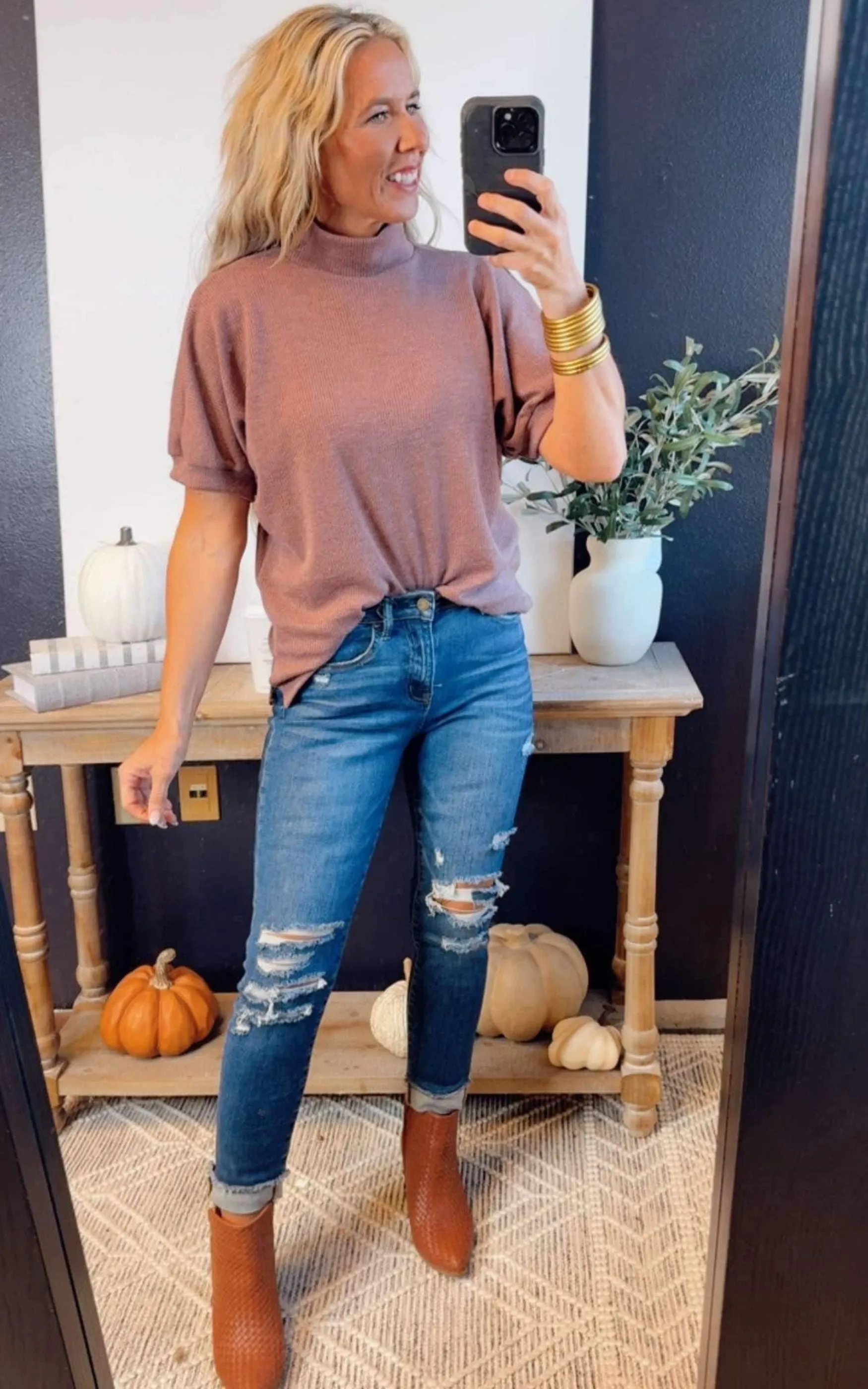 Light Mocha Cowl Neck Puff Sleeve Top