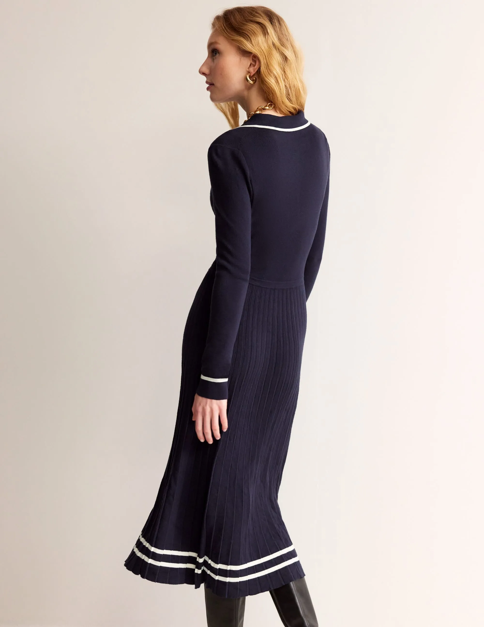 Mollie Pleated Knitted Dress-Navy Warm Ivory