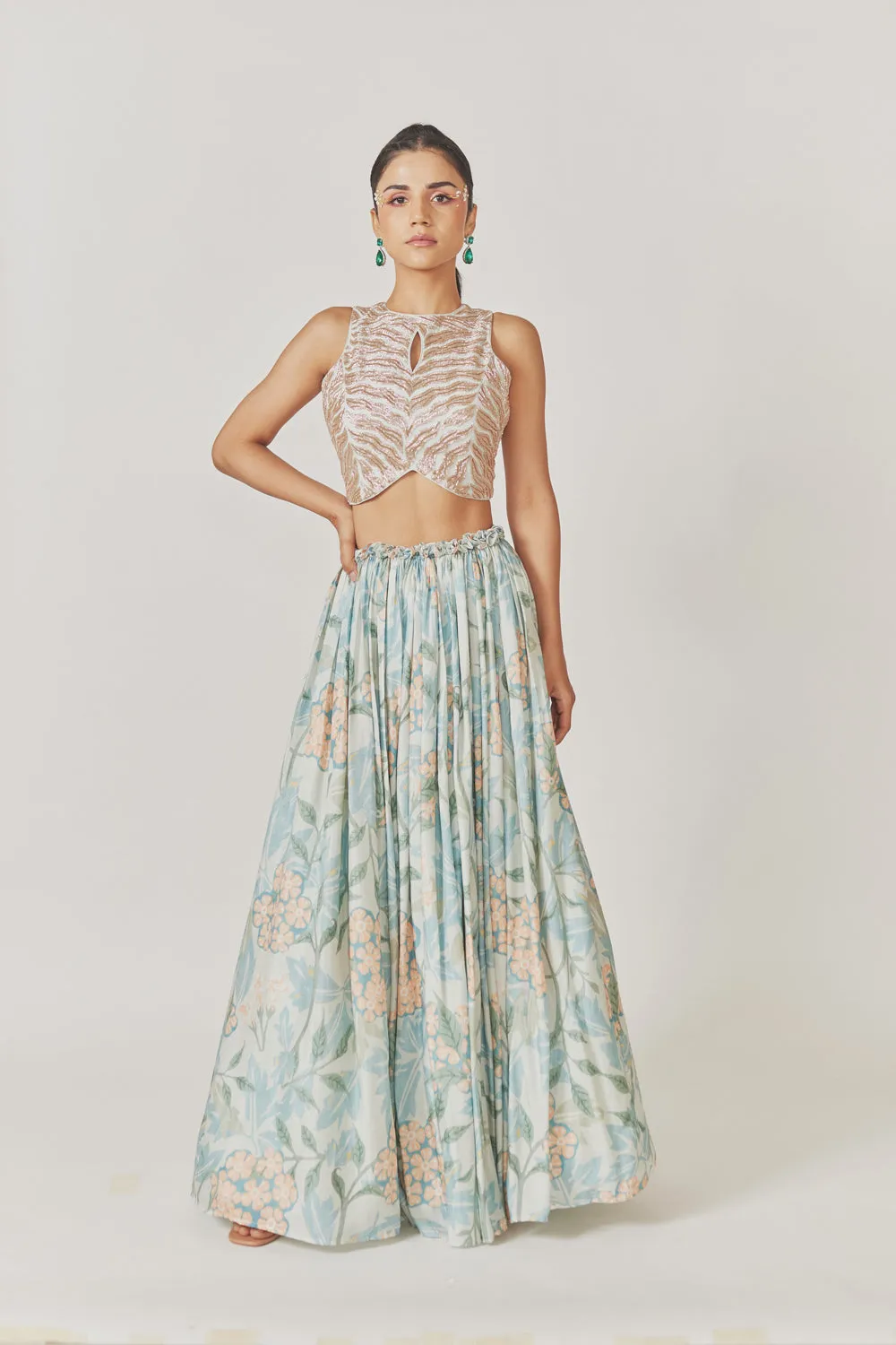 Nakshi   Kardana Embroidery Crop Top Gathered Muslin Silk Skirt