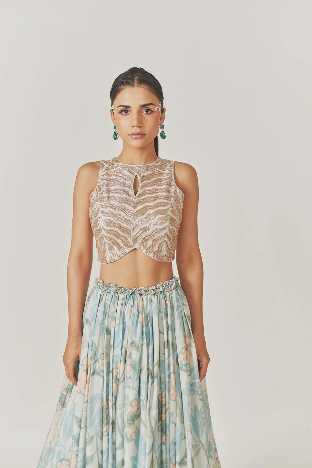 Nakshi   Kardana Embroidery Crop Top Gathered Muslin Silk Skirt