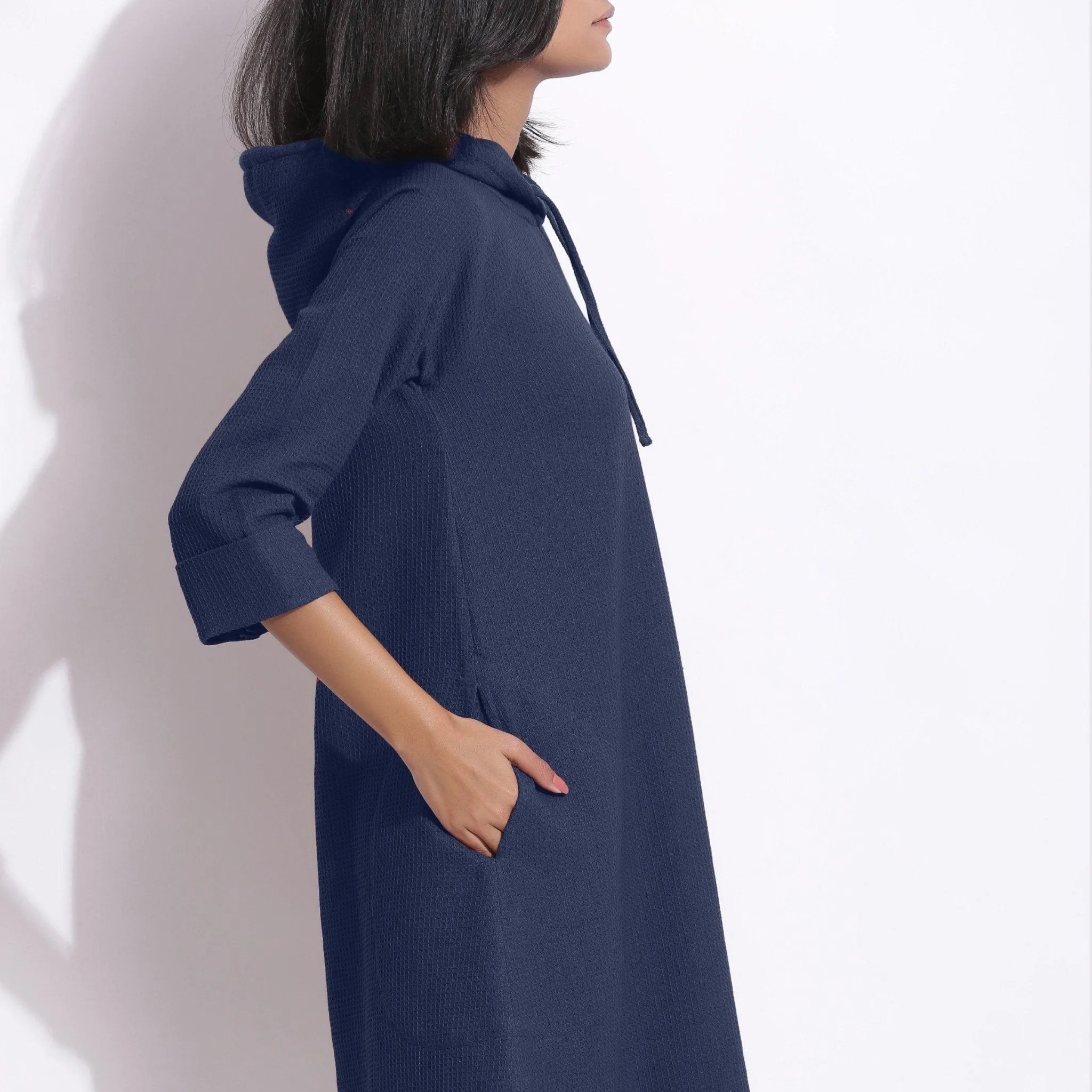 Navy Blue Warm Cotton Waffle Knee Length Hoodie Dress