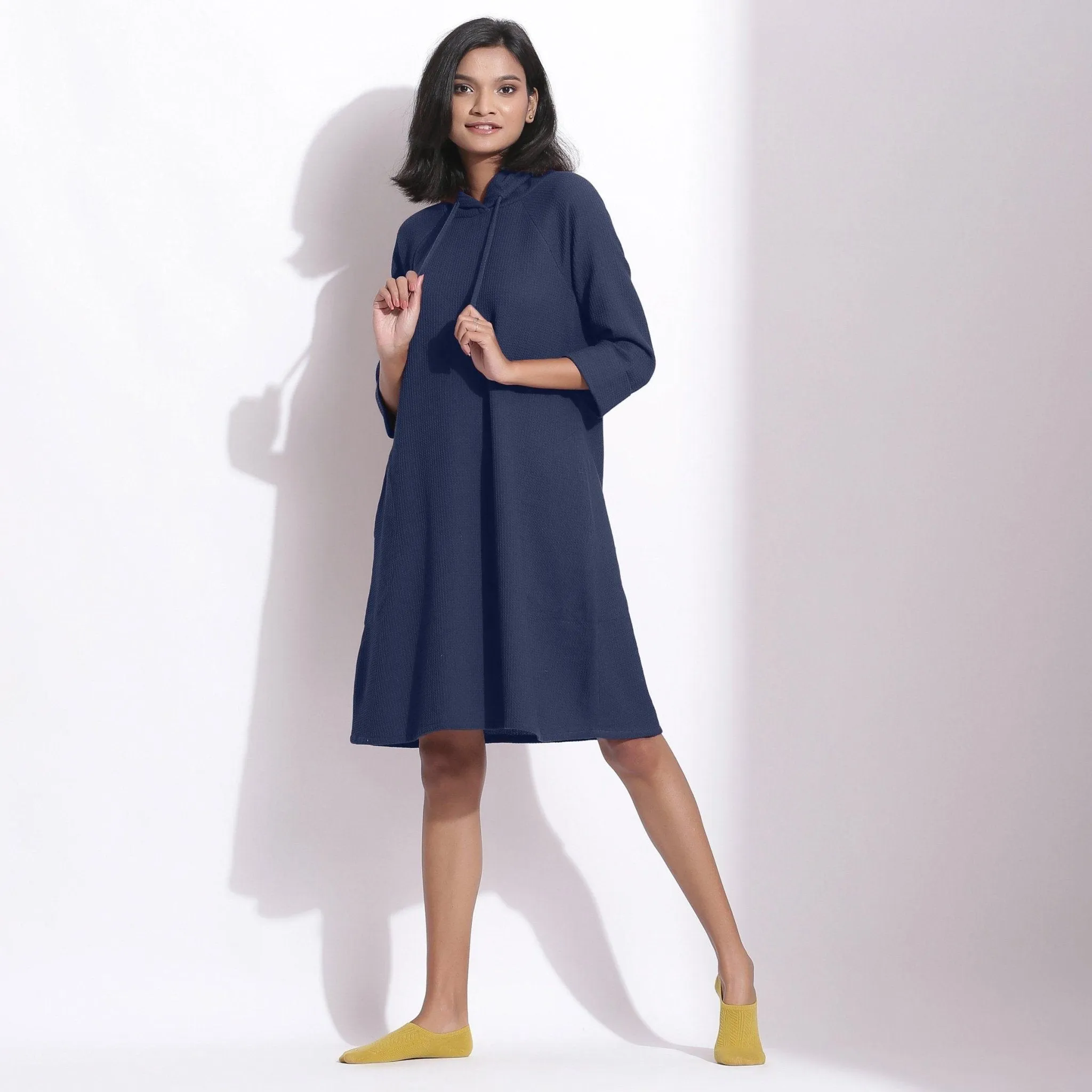 Navy Blue Warm Cotton Waffle Knee Length Hoodie Dress