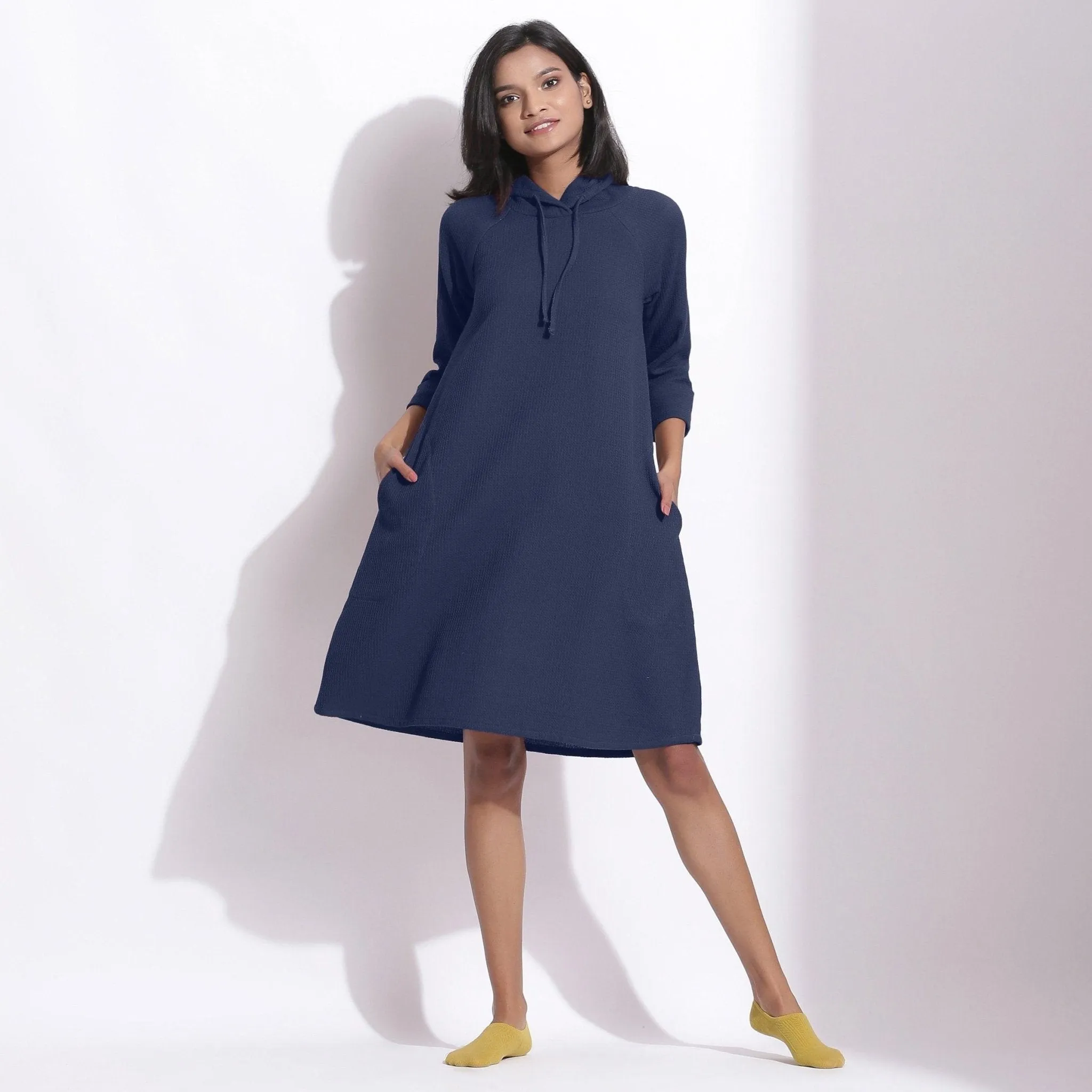 Navy Blue Warm Cotton Waffle Knee Length Hoodie Dress