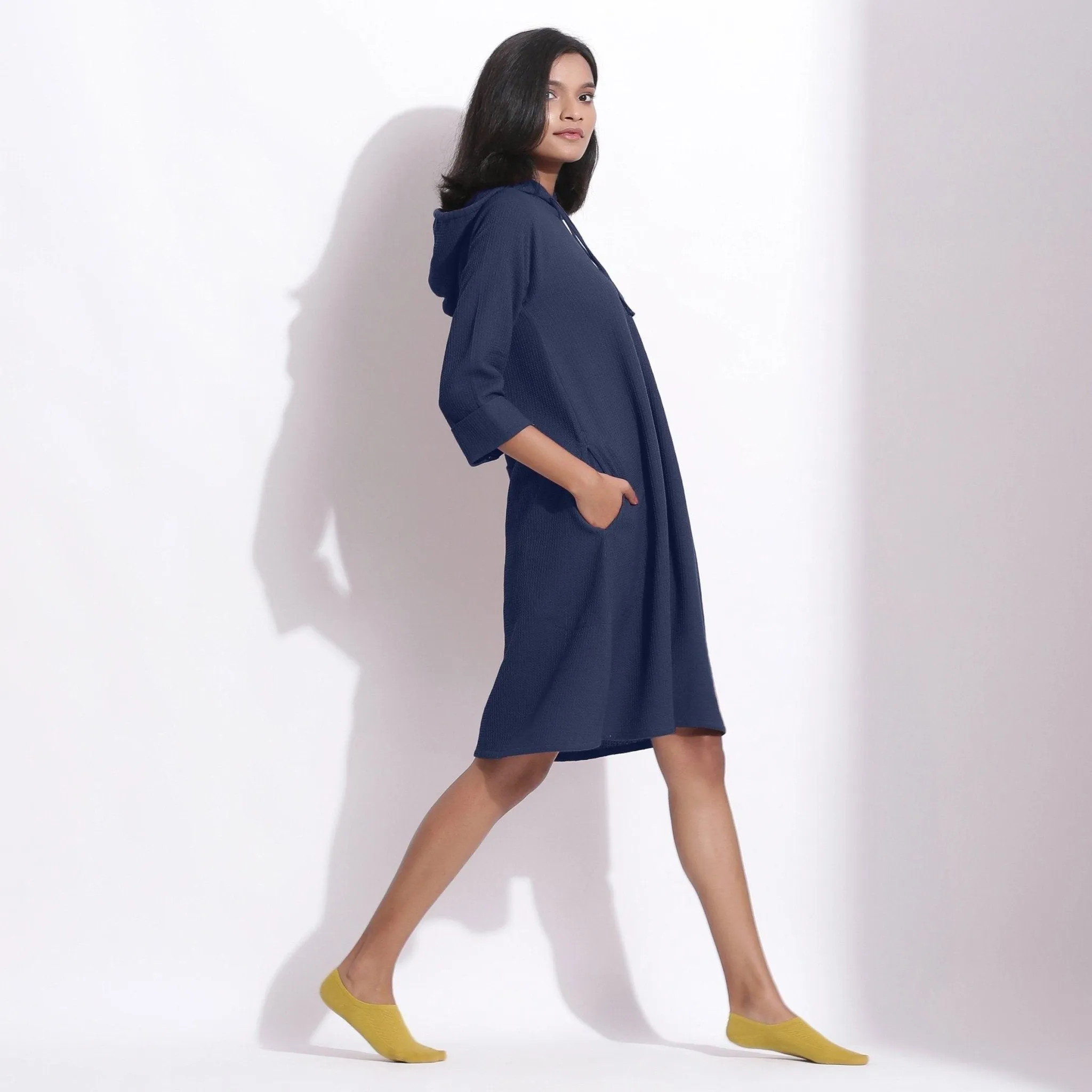 Navy Blue Warm Cotton Waffle Knee Length Hoodie Dress