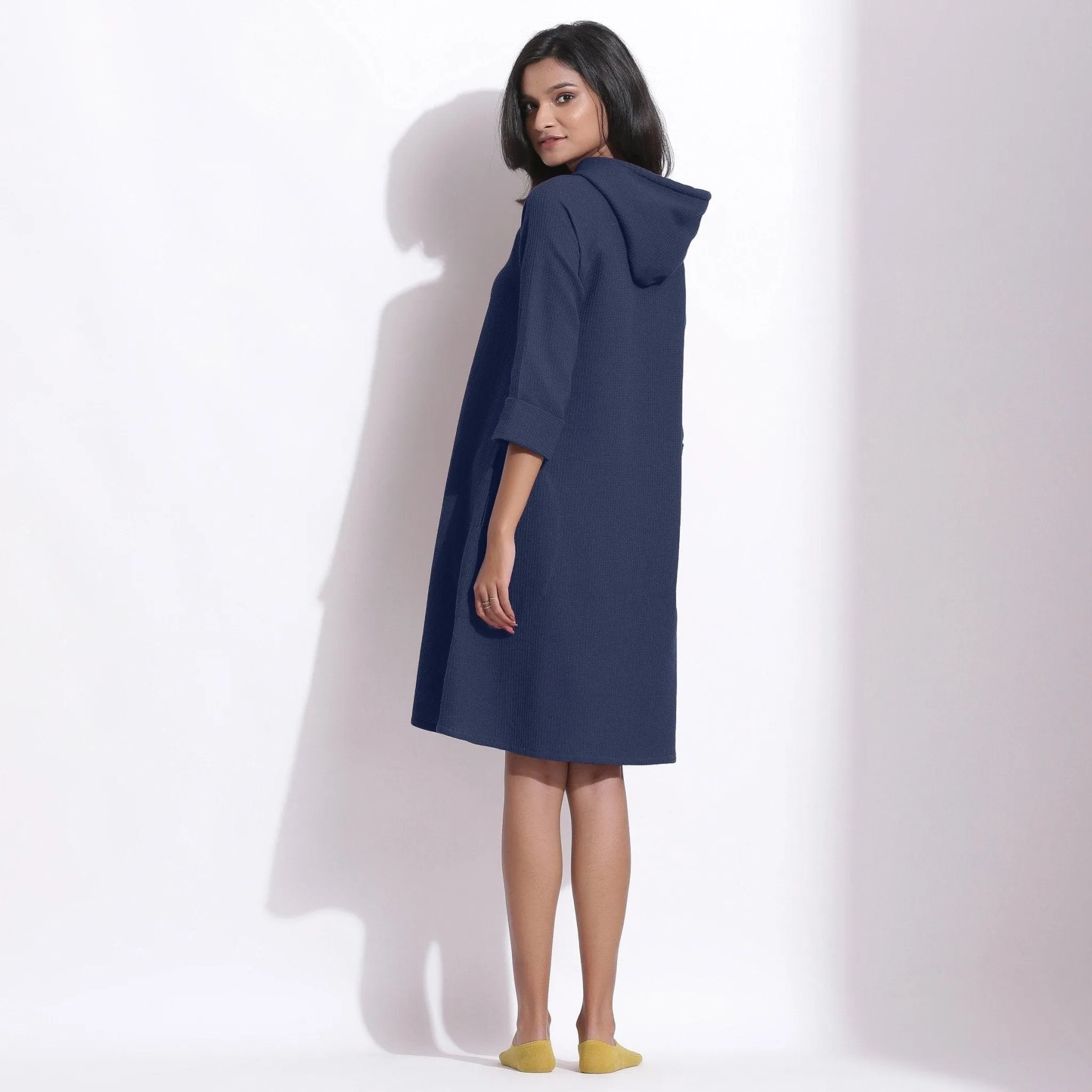 Navy Blue Warm Cotton Waffle Knee Length Hoodie Dress