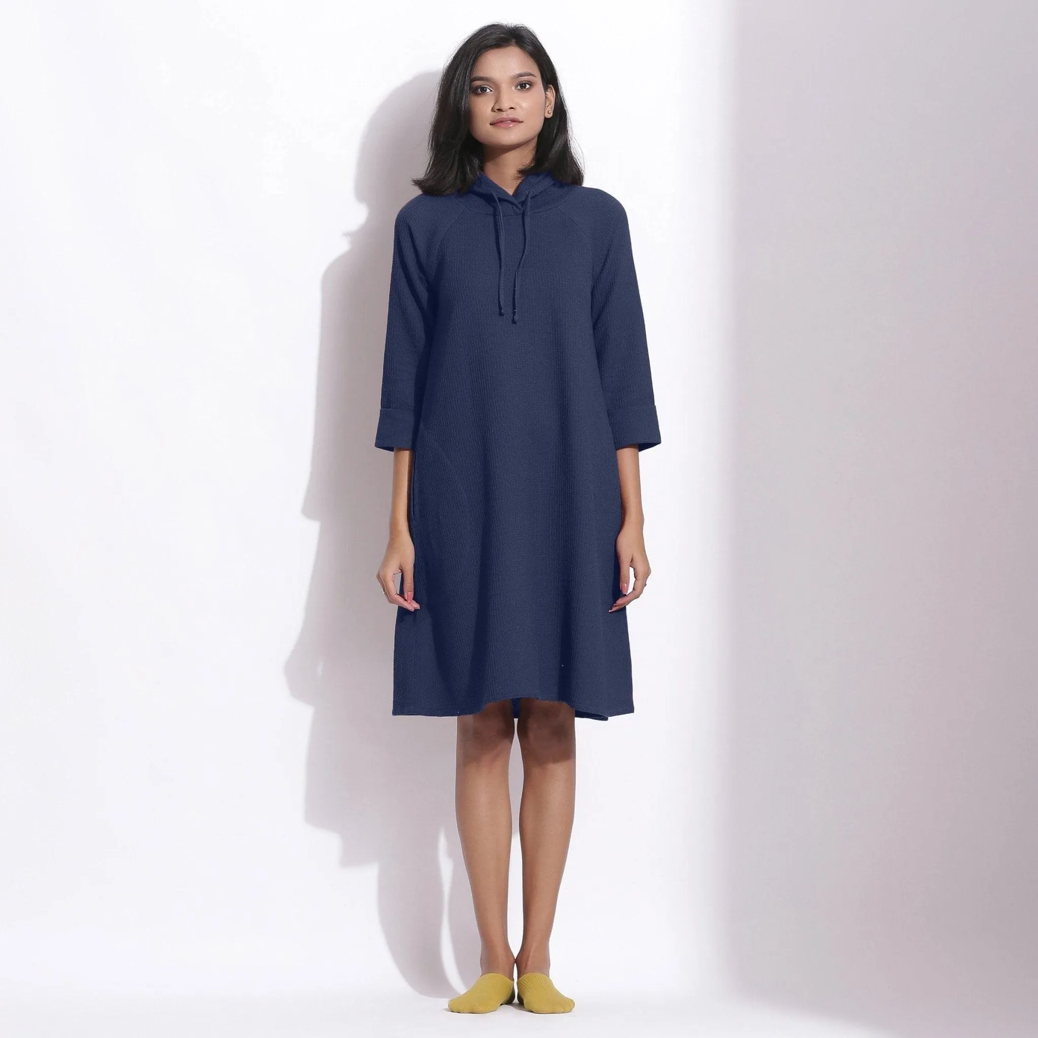 Navy Blue Warm Cotton Waffle Knee Length Hoodie Dress