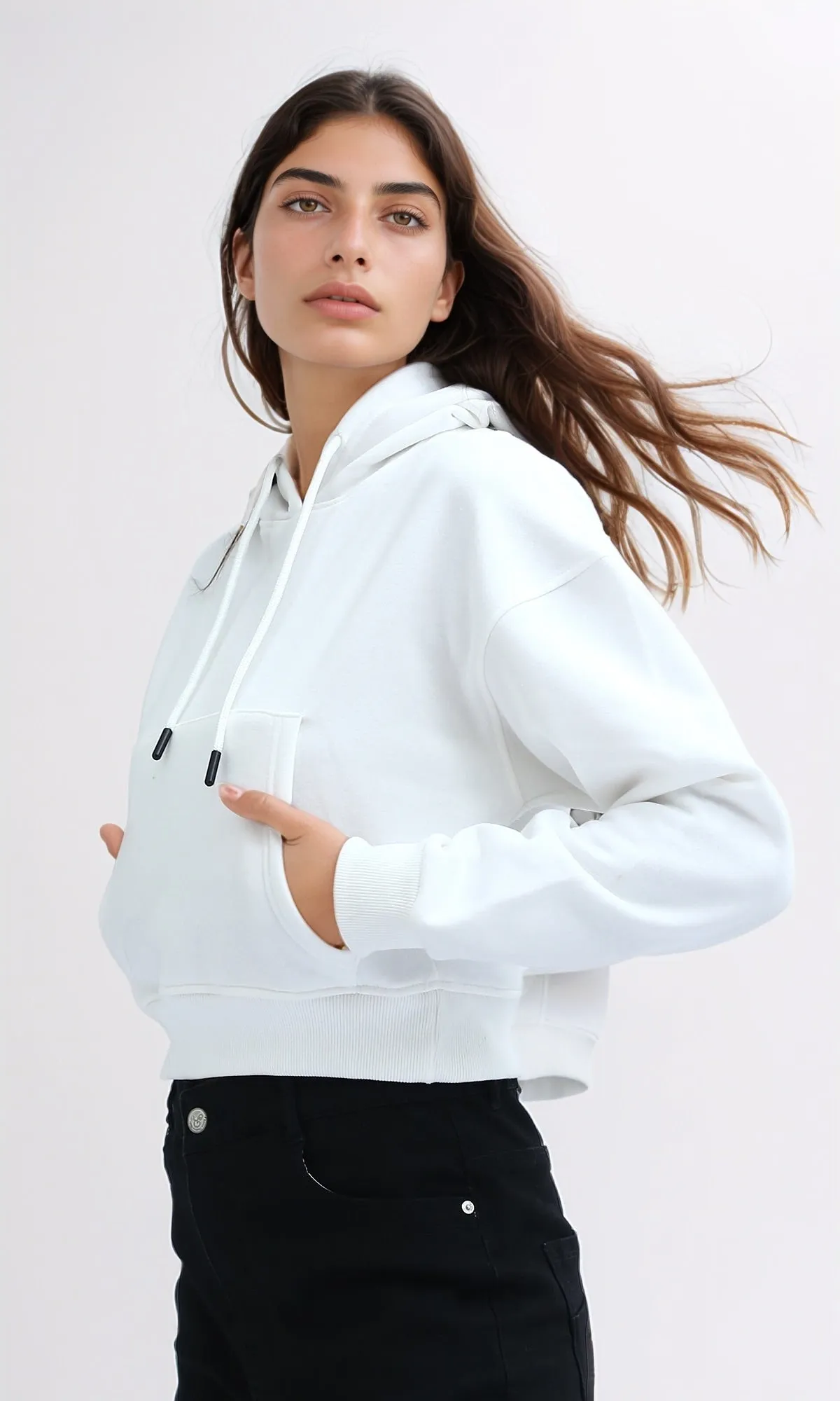 O179921 Slip On Long Sleeves Off-White Cropped Hoodie