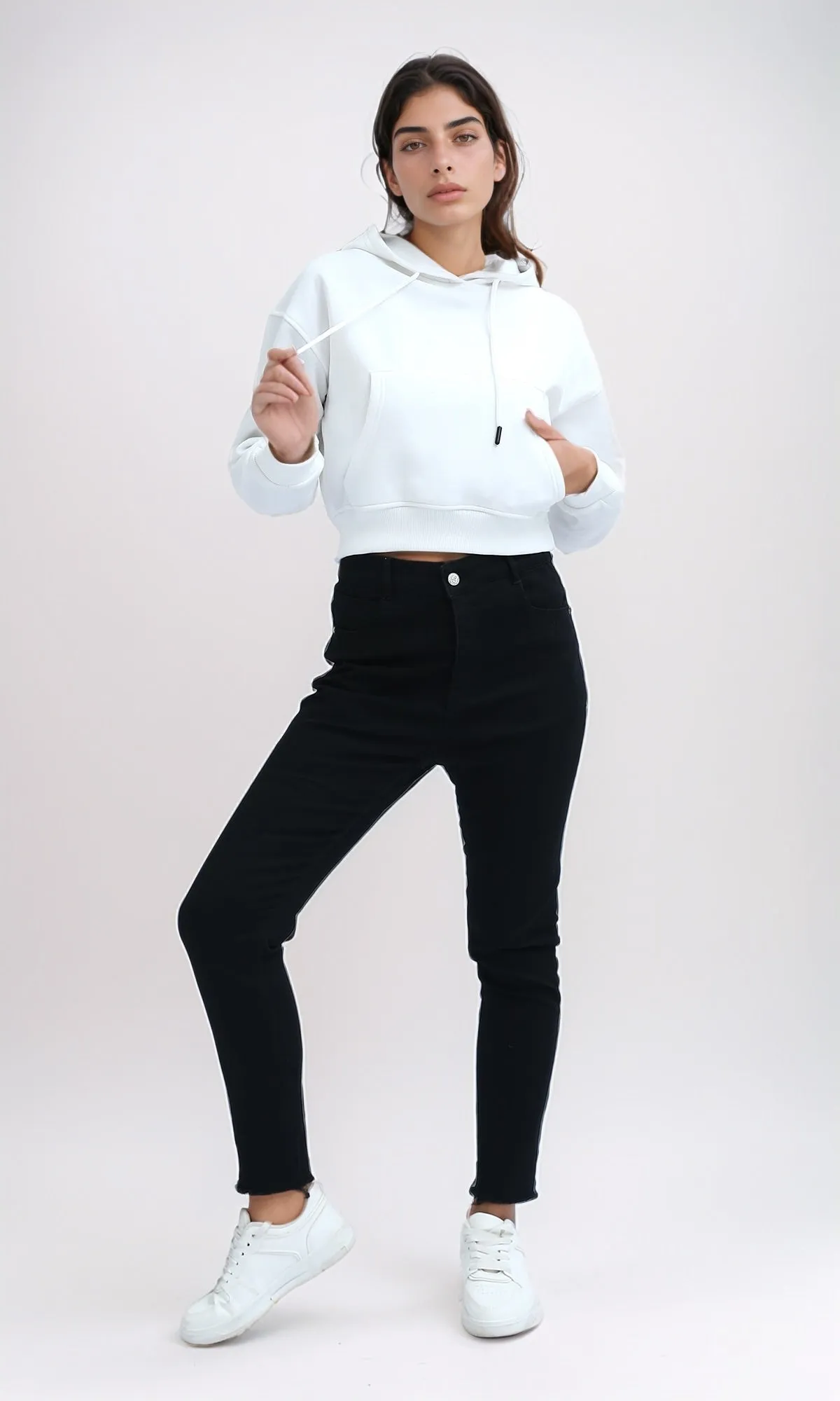 O179921 Slip On Long Sleeves Off-White Cropped Hoodie