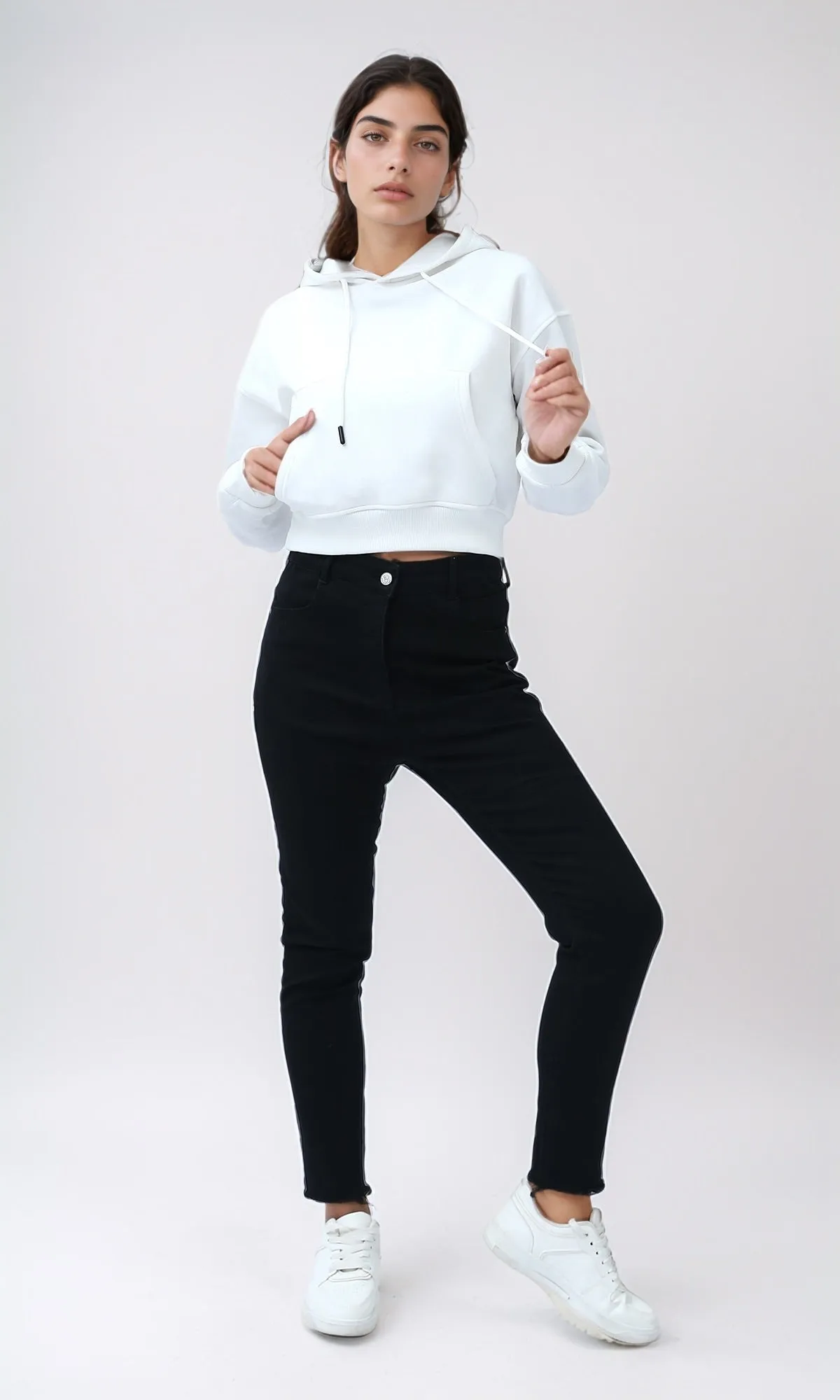 O179921 Slip On Long Sleeves Off-White Cropped Hoodie