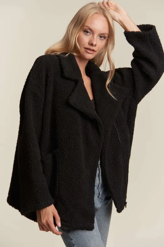 Oversized Faux Fur Zip Up Jacket with Longsleve BLACK