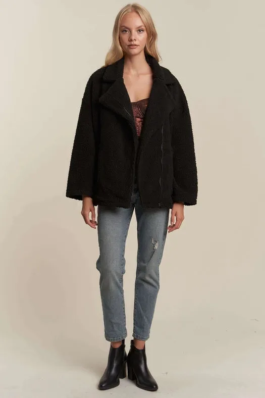 Oversized Faux Fur Zip Up Jacket with Longsleve BLACK