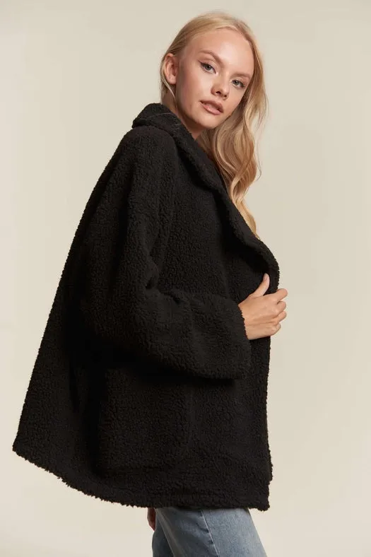 Oversized Faux Fur Zip Up Jacket with Longsleve BLACK