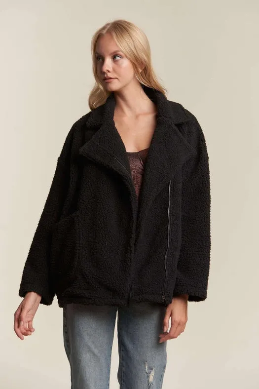 Oversized Faux Fur Zip Up Jacket with Longsleve BLACK