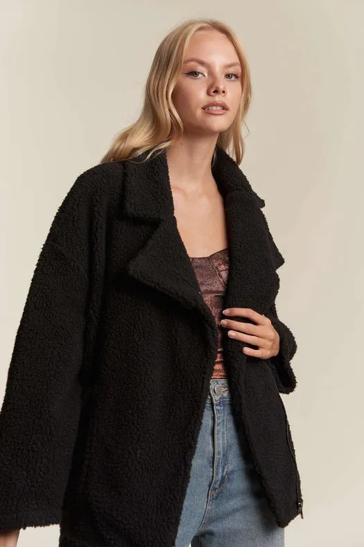 Oversized Faux Fur Zip Up Jacket with Longsleve BLACK