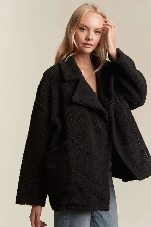 Oversized Faux Fur Zip Up Jacket with Longsleve BLACK