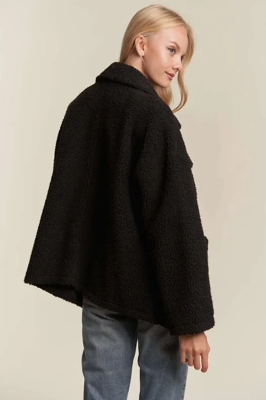 Oversized Faux Fur Zip Up Jacket with Longsleve BLACK