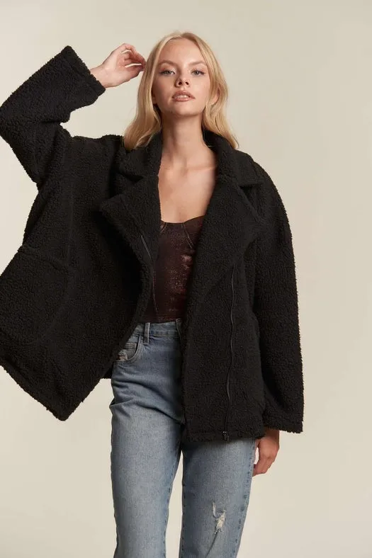 Oversized Faux Fur Zip Up Jacket with Longsleve BLACK