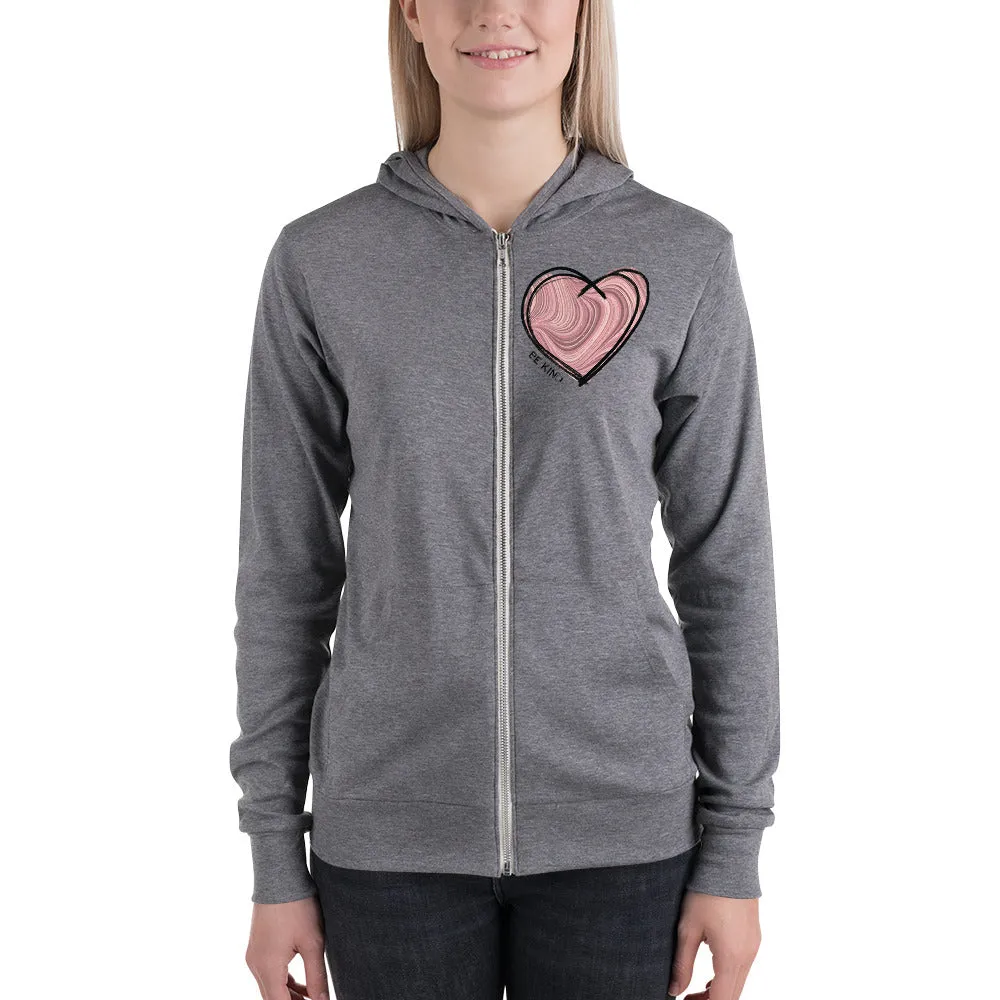 PINK "BE KIND" HEART LIGHT-WEIGHT ZIP HOODIE