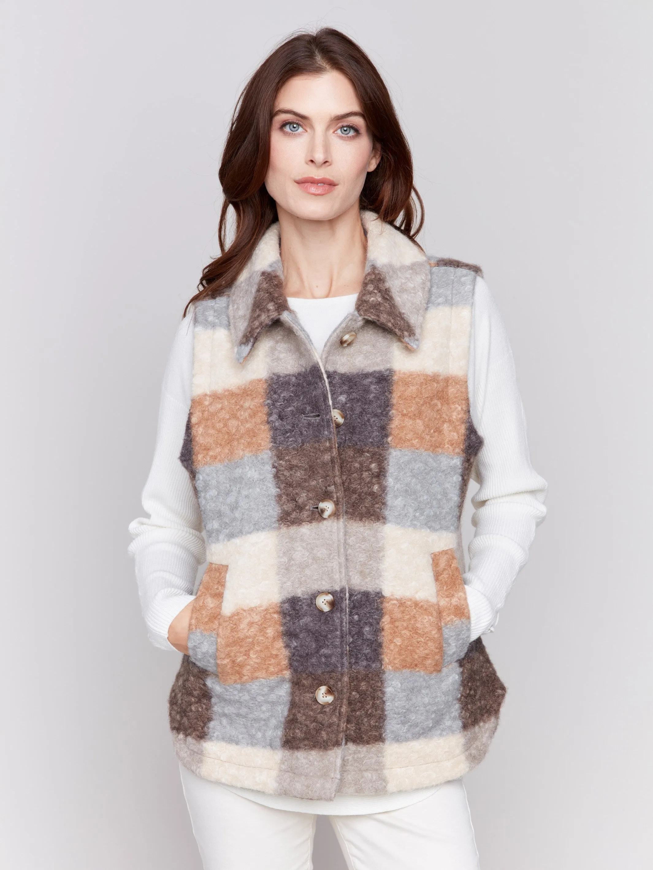 Plaid Bouclé Knit Vest - Terracotta