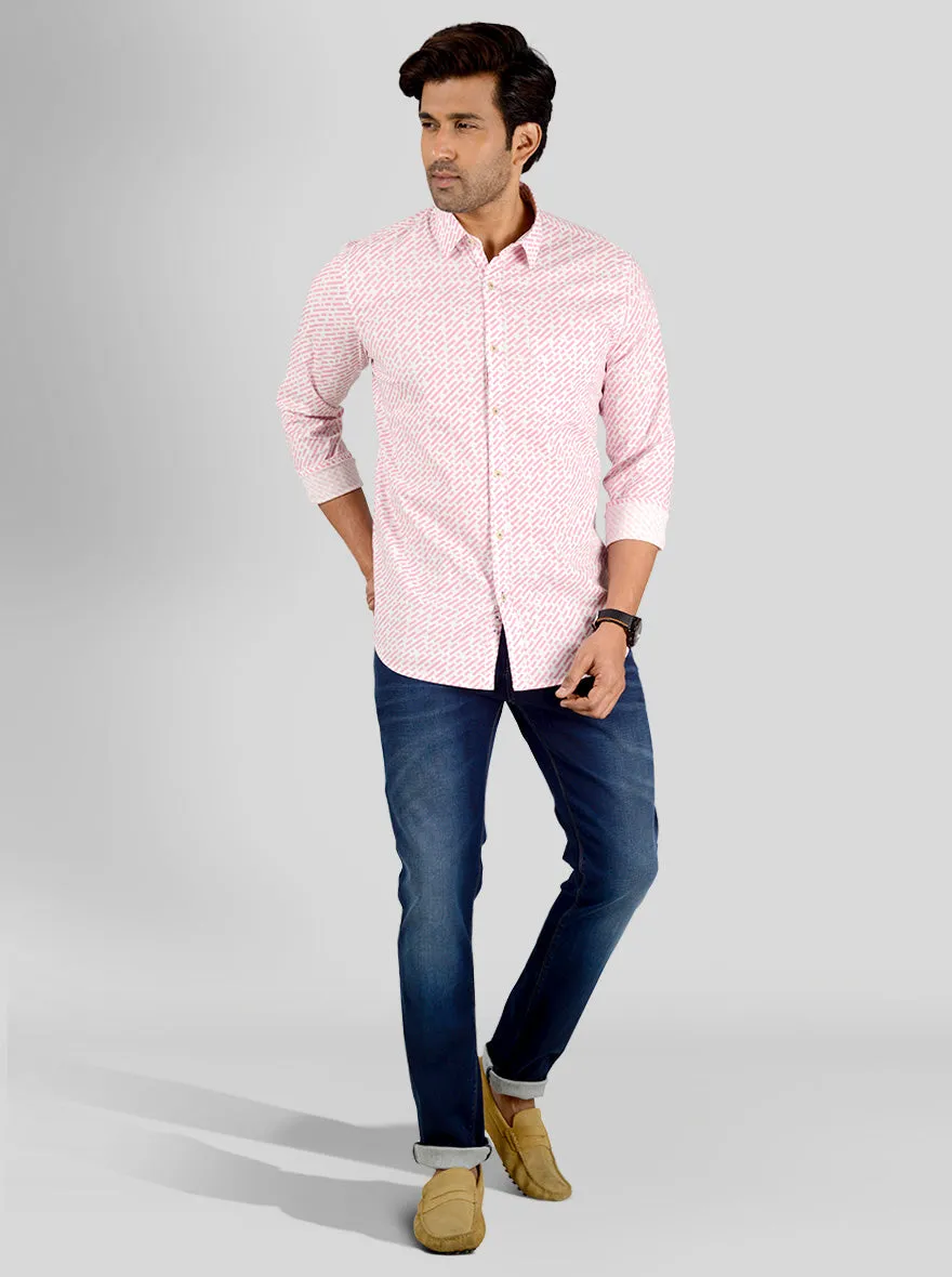 Powder Pink & White Printed Slim Fit Casual Shirt | JadeBlue