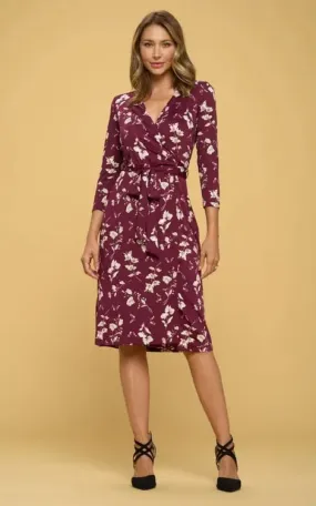 Renee C - Floral V-Neck Wrap Dress in Burgundy Print