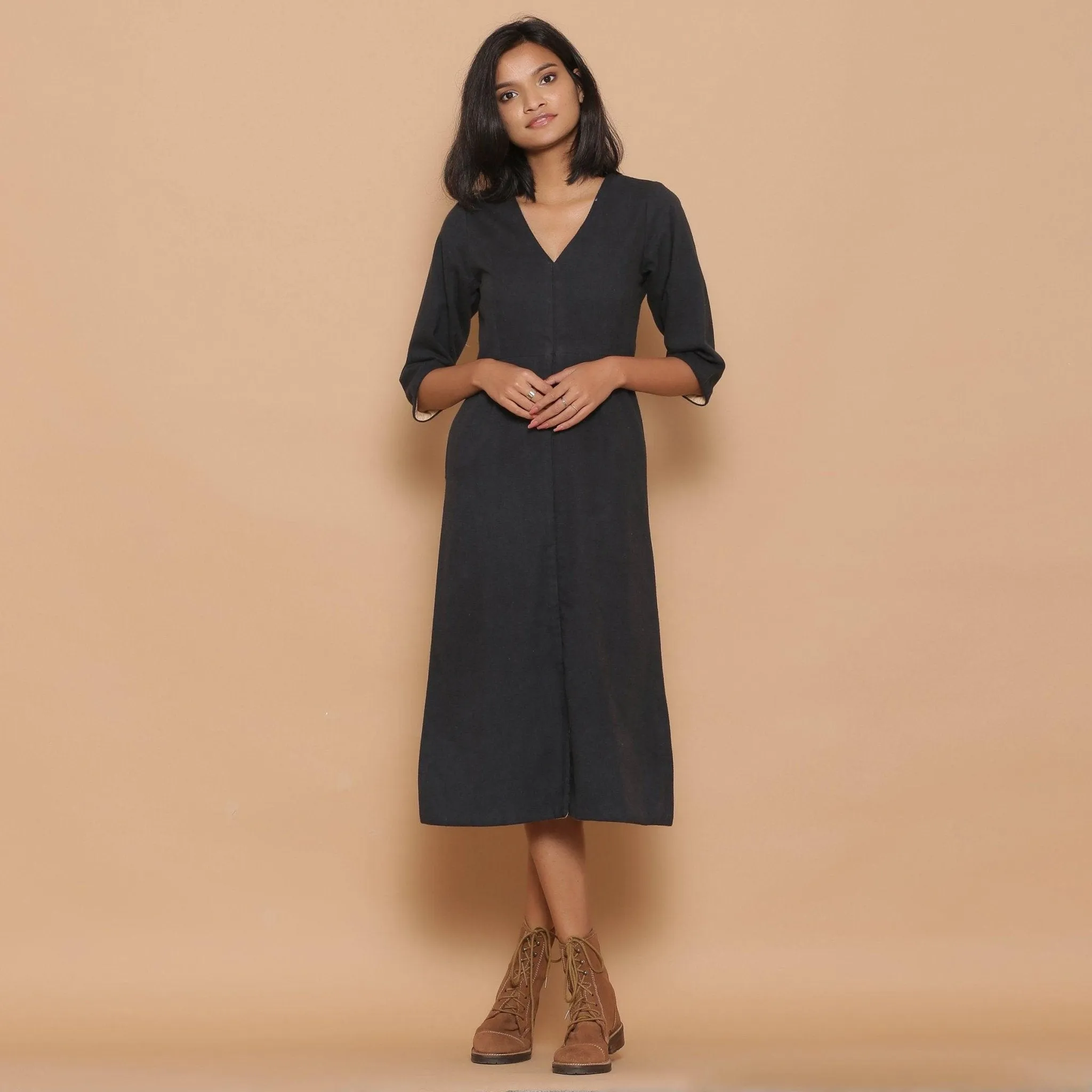 Reversible Warm Cotton Flannel Midi Slit Dress