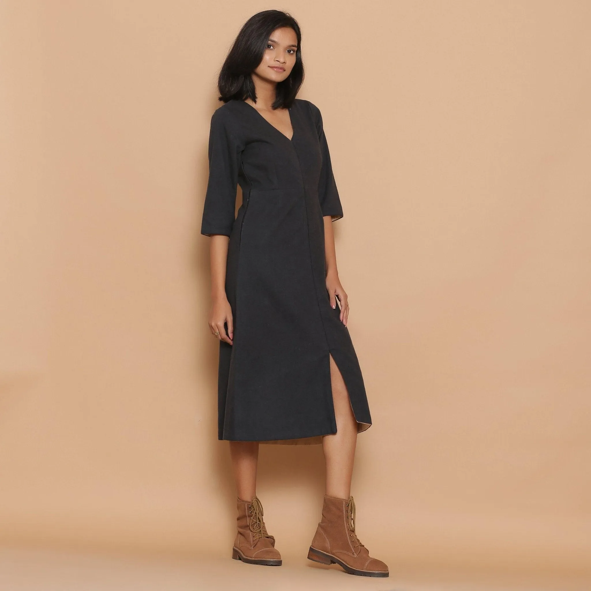 Reversible Warm Cotton Flannel Midi Slit Dress