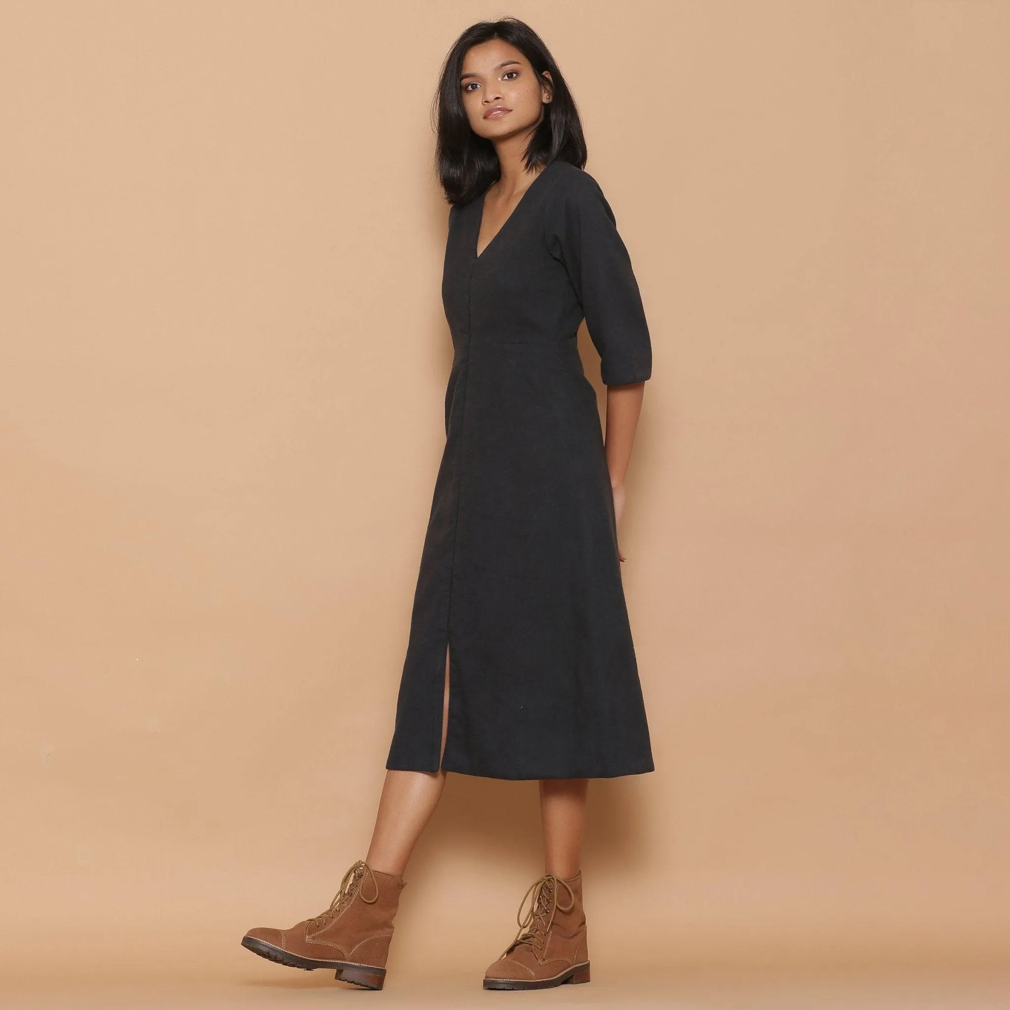 Reversible Warm Cotton Flannel Midi Slit Dress