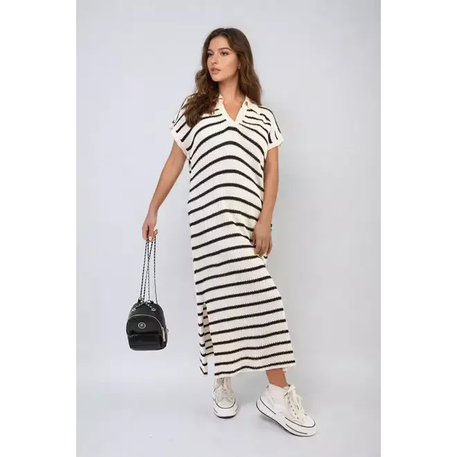 Stripe Knitted V Neck Midi Dress