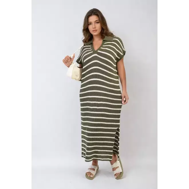 Stripe Knitted V Neck Midi Dress