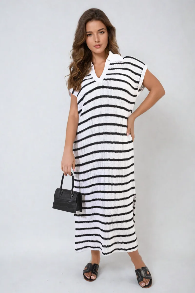 Stripe Knitted V Neck Midi Dress